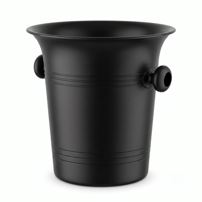 A matte black Plastic ice bucket with a flared rim, horizontal ribbed bands, and two spherical side handles, shown on a plain white background.