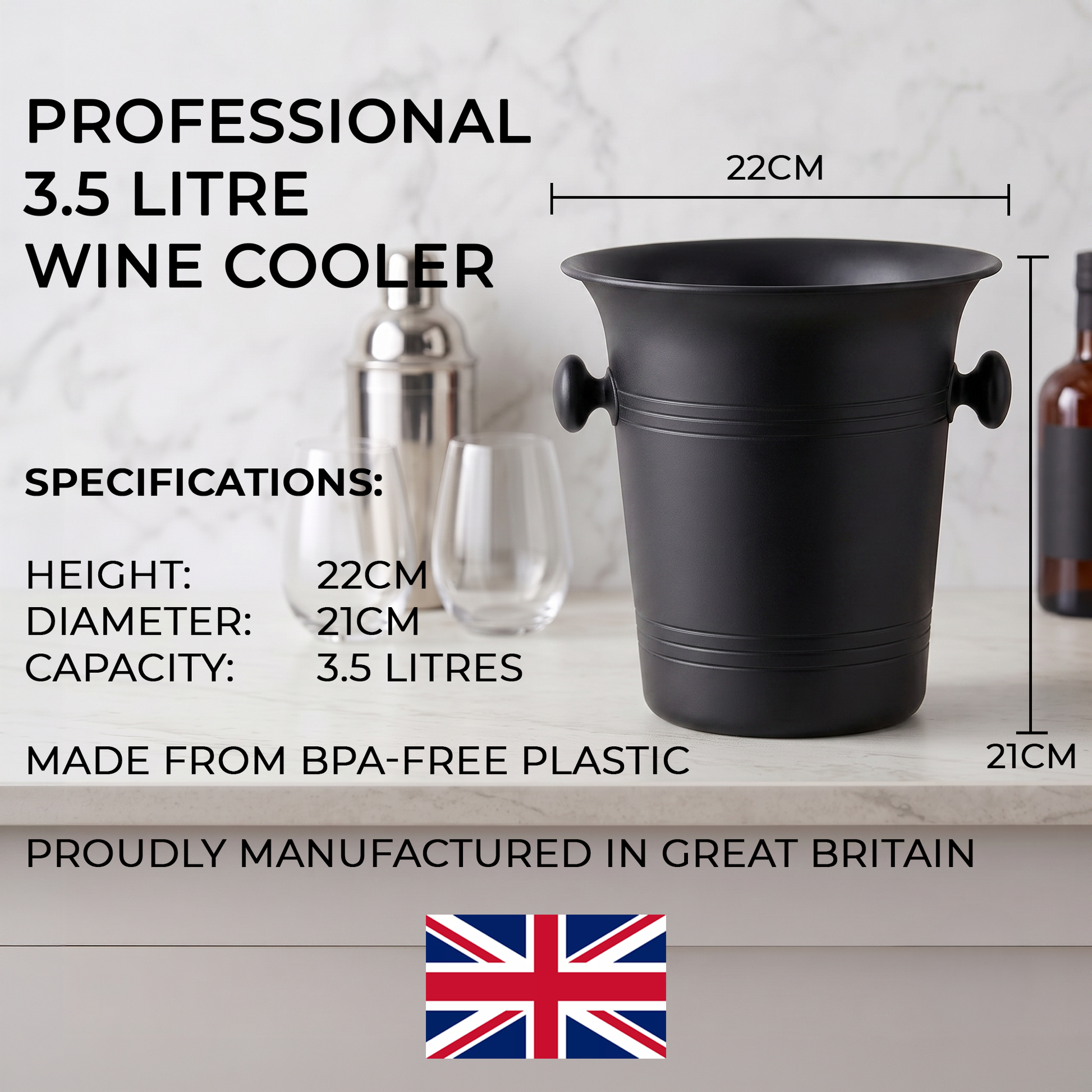 Black plastic 3.5 litre wine cooler bucket with dimensions and specifications text on a marble-style background.