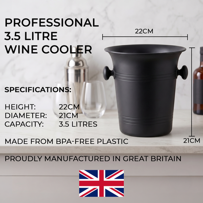 Black plastic 3.5 litre wine cooler bucket with dimensions and specifications text on a marble-style background.