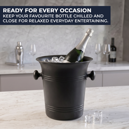 Matte black bottle cooler in a modern home bar