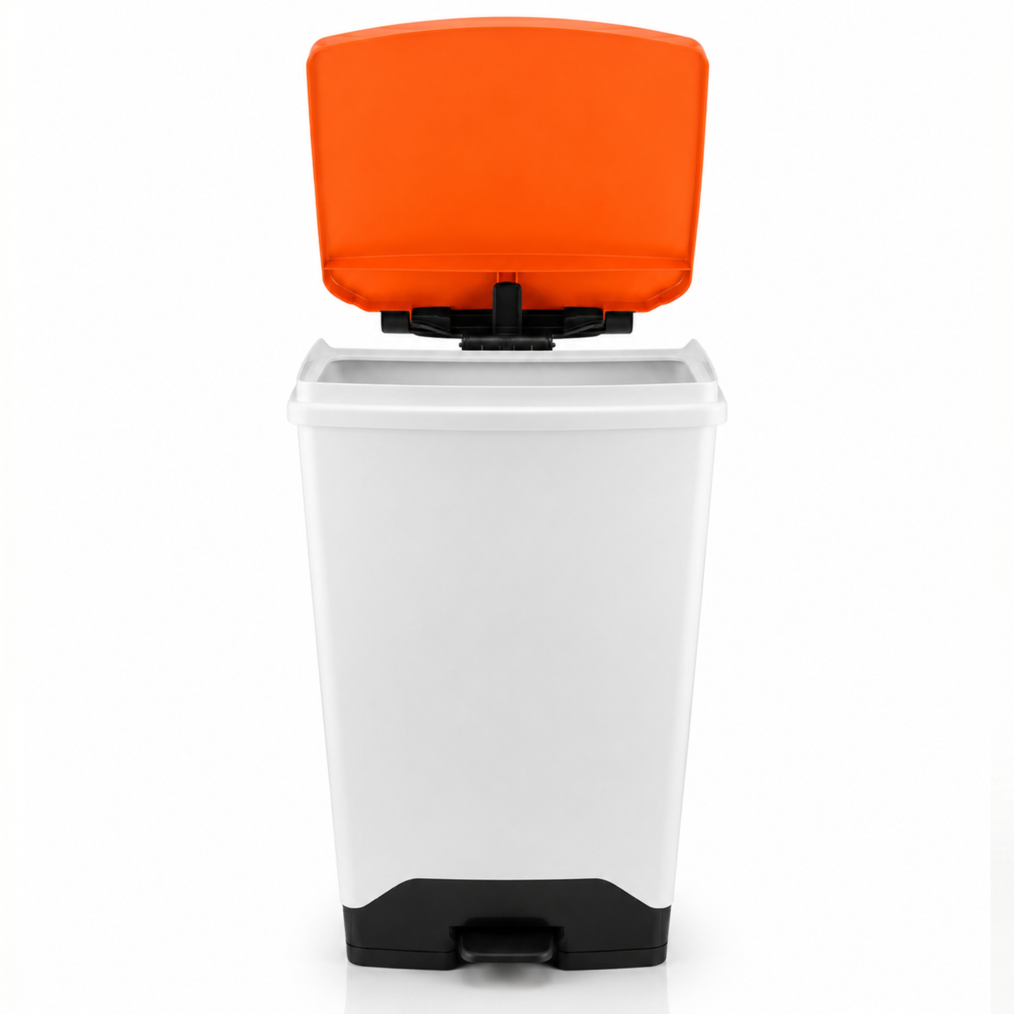 Fire retardant clinical waste sack holder with orange colour coded lid and pedal operation