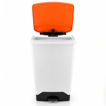 Fire retardant clinical waste sack holder with orange colour coded lid and pedal operation