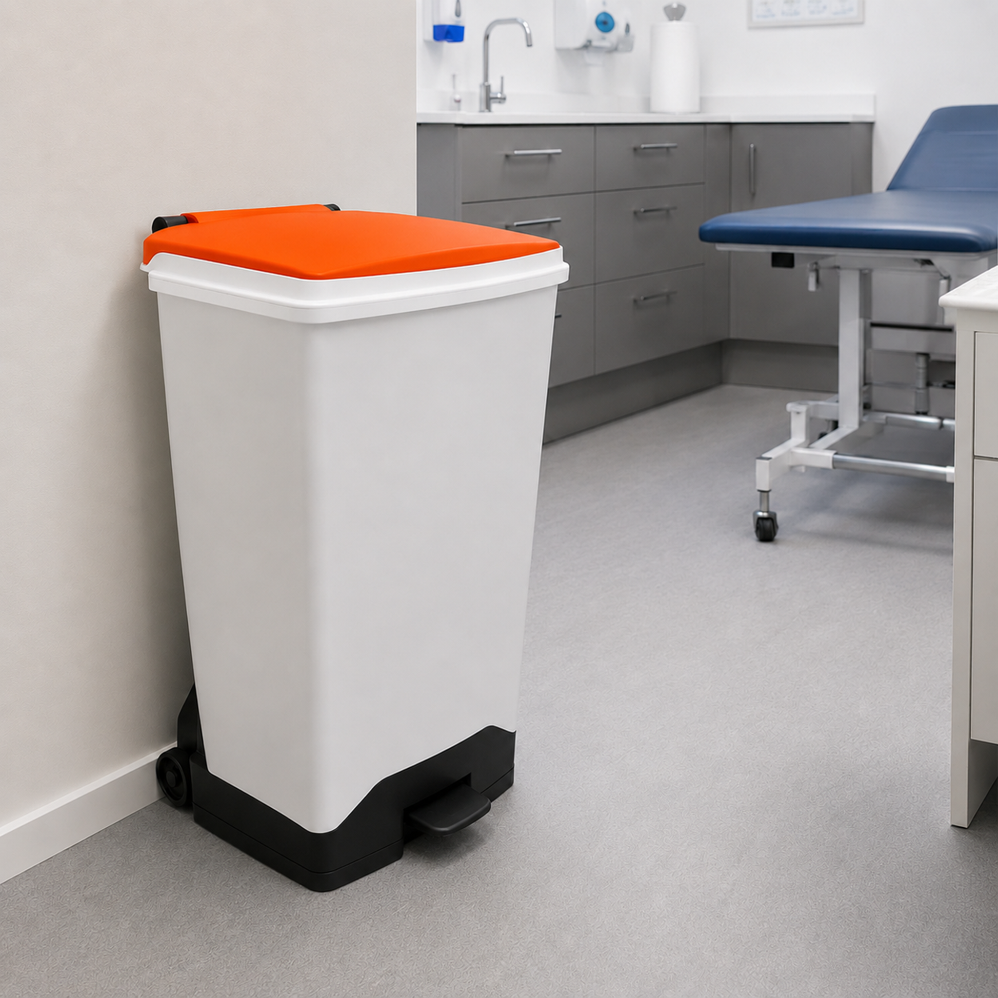 Orange lid fire retardant waste sack holder for hospitals, schools and commercial premises