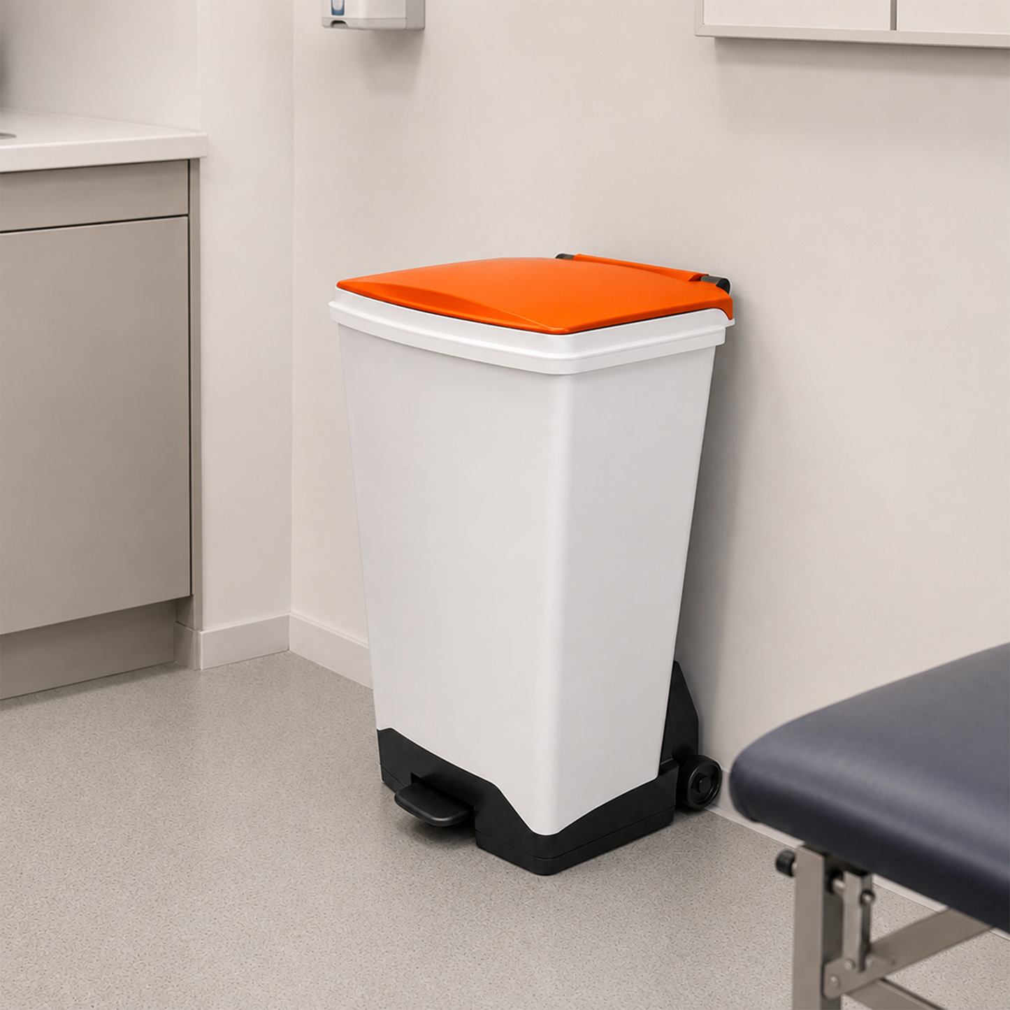 Rust free 70 litre clinical waste sack holder with soft close orange lid