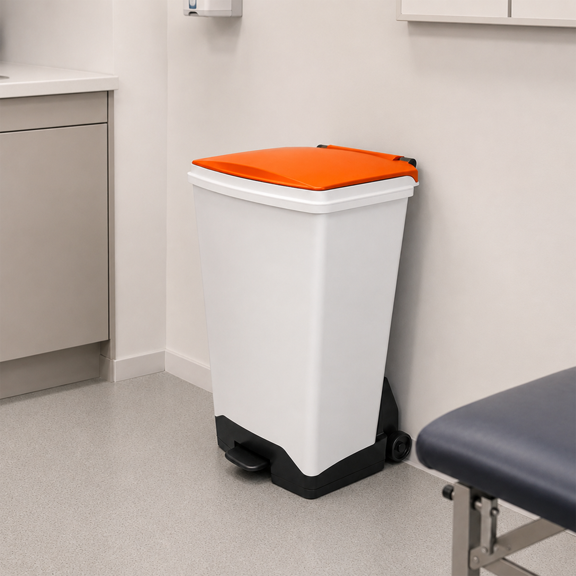 Rust free 70 litre clinical waste sack holder with soft close orange lid