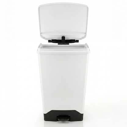 Pedal operated 70 litre plastic sack holder with white lid and bag retention system