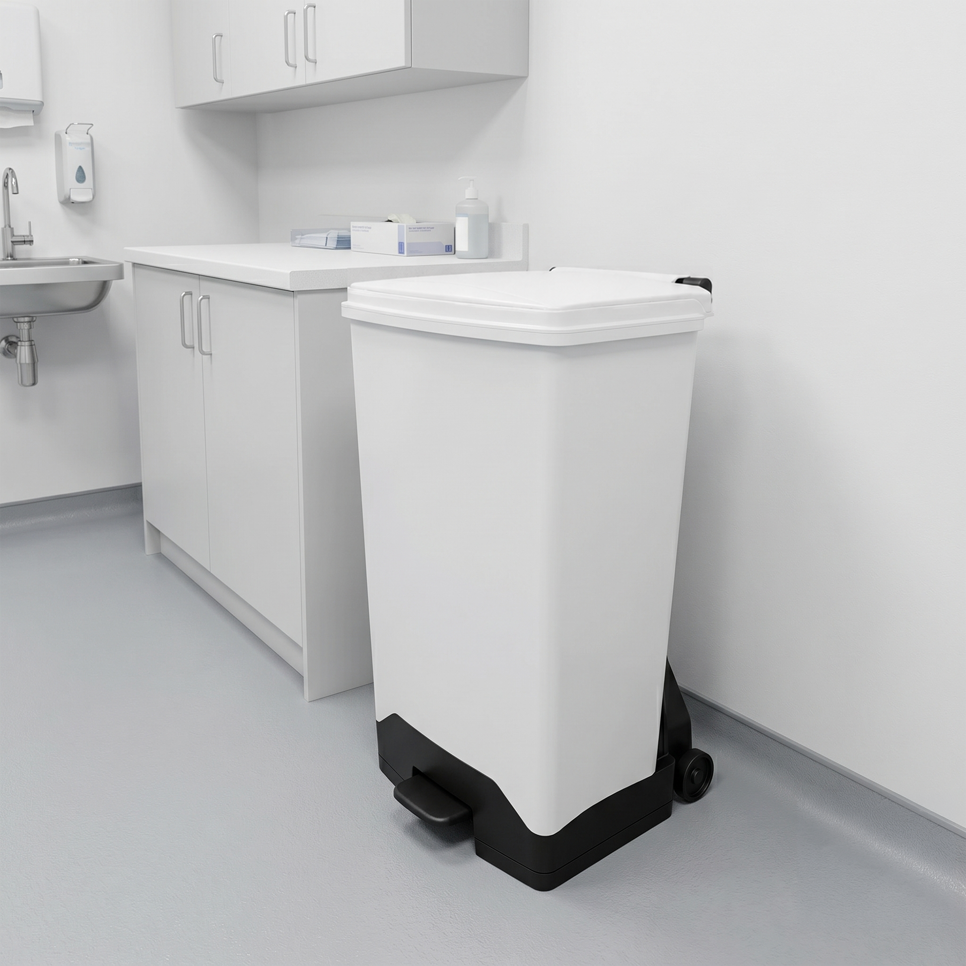 White lid fire retardant sack holder for healthcare, education and commercial environments