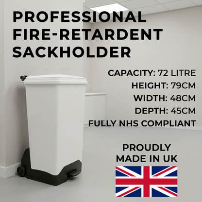 Large 70 litre fire retardant sack holder with colour coded white waste lid