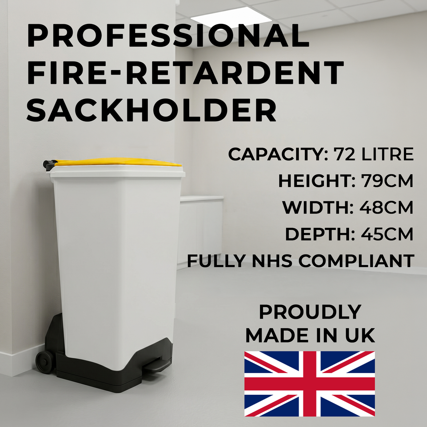 70 Litre Fire Retardant Plastic Sack Holder with Yellow Lid for NHS Healthcare Waste