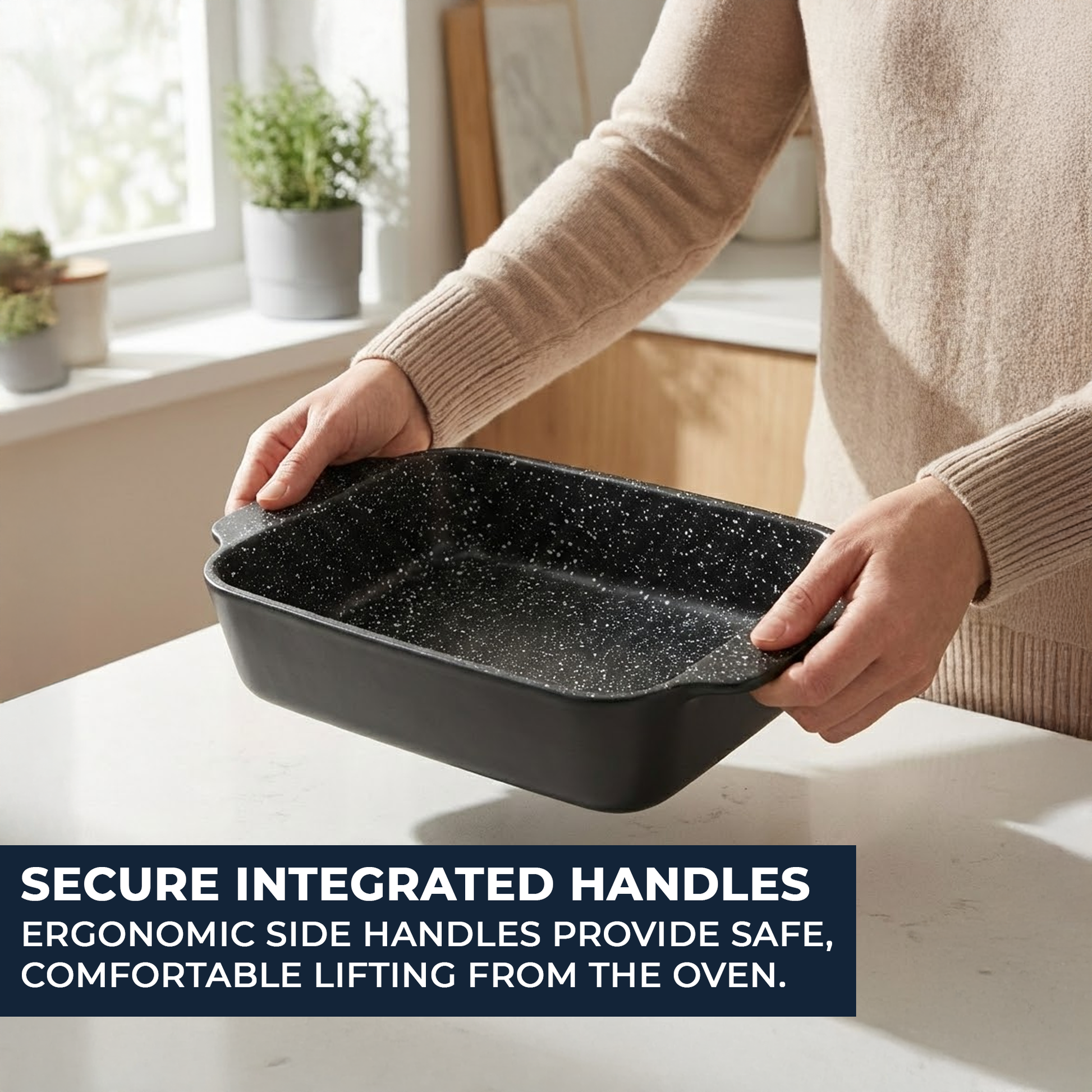 In-hand image holding 31cm roasting dish for scale