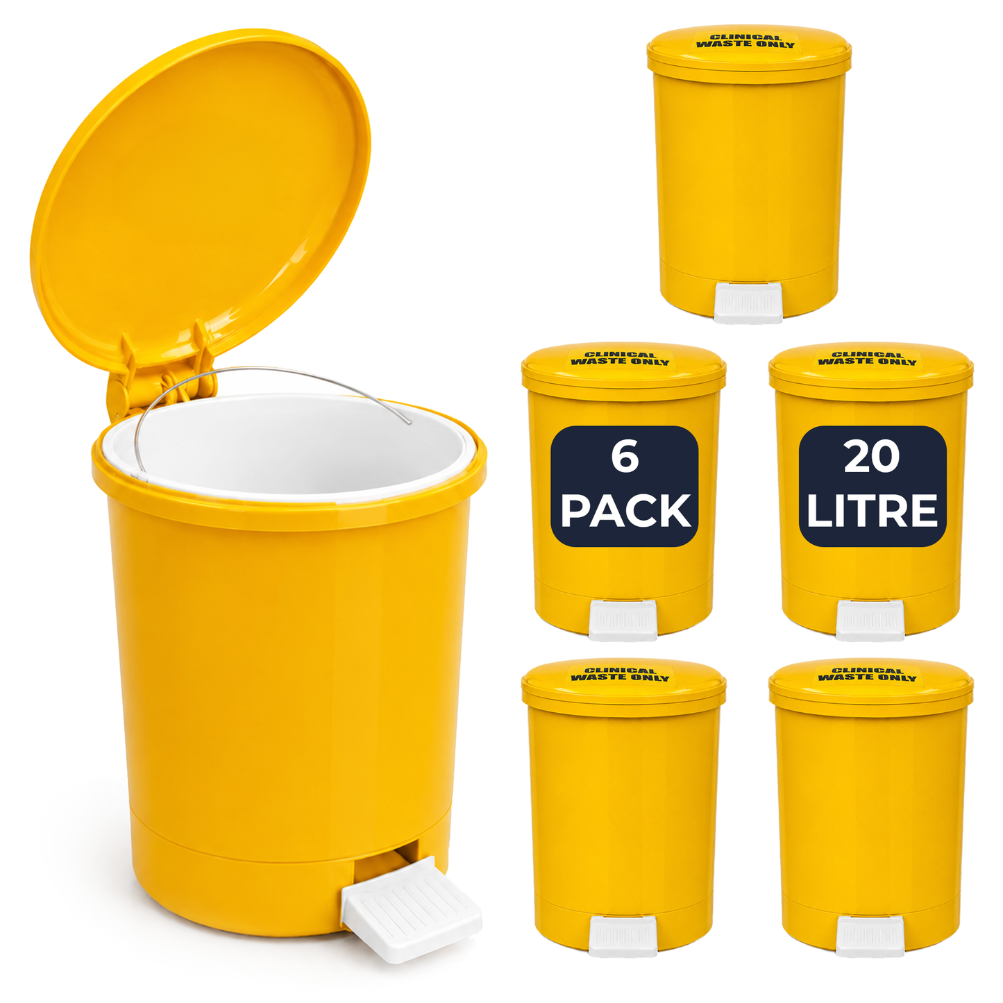 6 pack 20 litre yellow clinical waste pedal bins with removable buckets