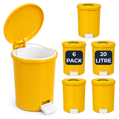 6 pack 20 litre yellow clinical waste pedal bins with removable buckets