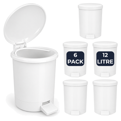 Pack of 6 Chabrias 12L white bathroom pedal bins with lids and removable inner buckets for commercial washrooms
