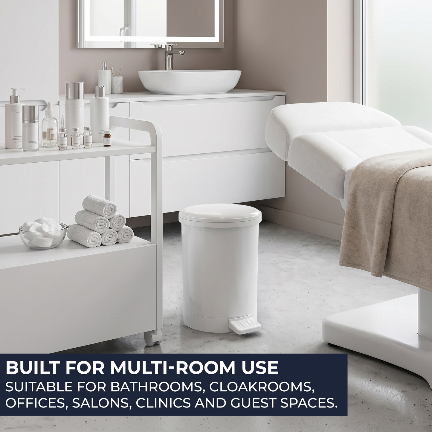 Pack of 6 bathroom pedal bins with removable inner buckets for easy emptying, cleaning and maintenance