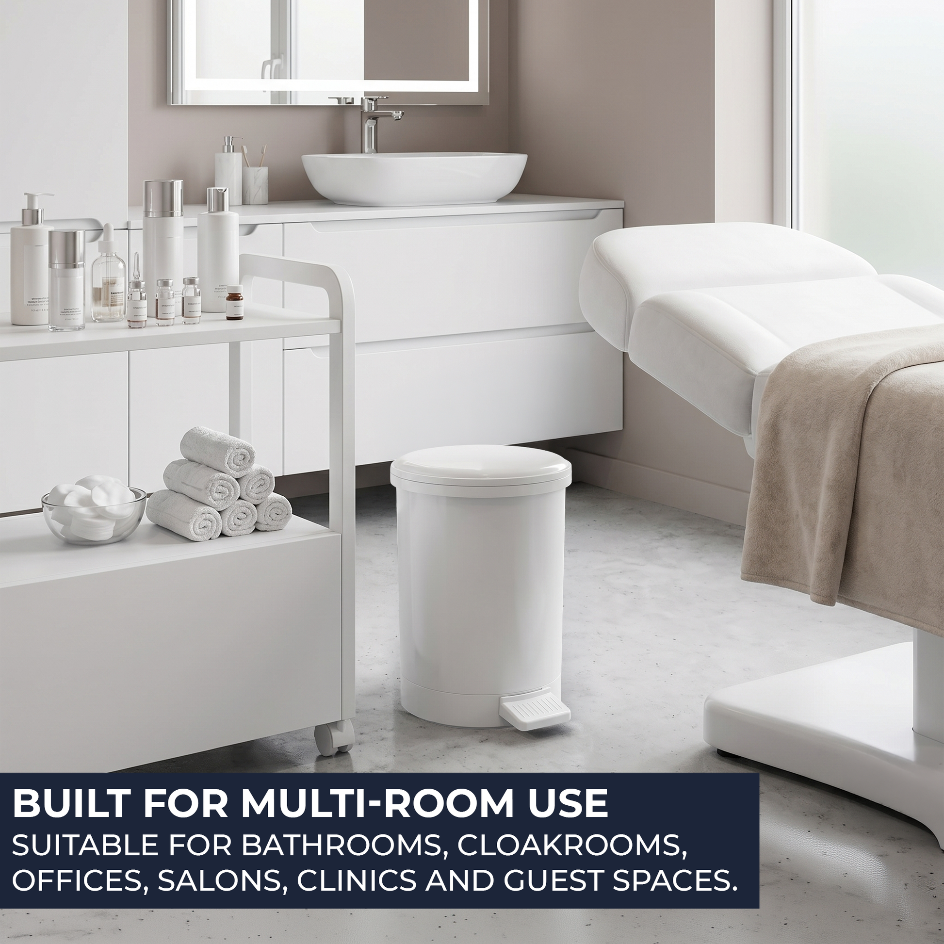 Pack of 6 bathroom pedal bins with removable inner buckets for easy emptying, cleaning and maintenance