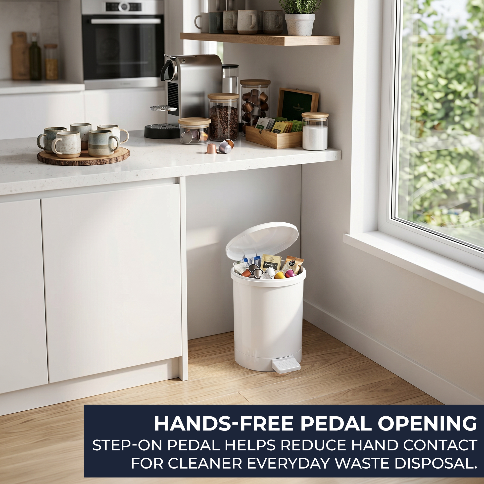 Rust-free plastic 12 litre pedal bins suitable for humid bathrooms, toilets, cloakrooms and washrooms