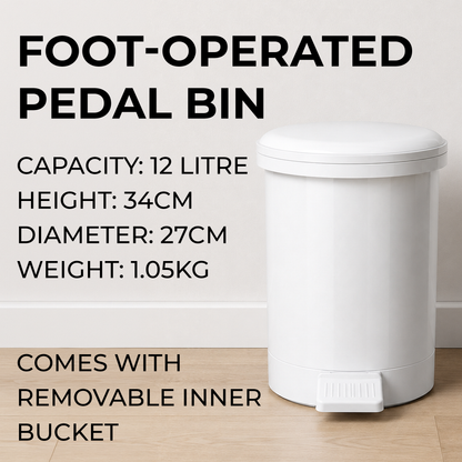 12L white pedal bins for office washrooms, meeting rooms, staff bathrooms and multi-room workplace use