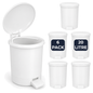 Six white 20 litre plastic pedal bins for toilets, offices, clinics, salons, guest rooms and workplace bathrooms