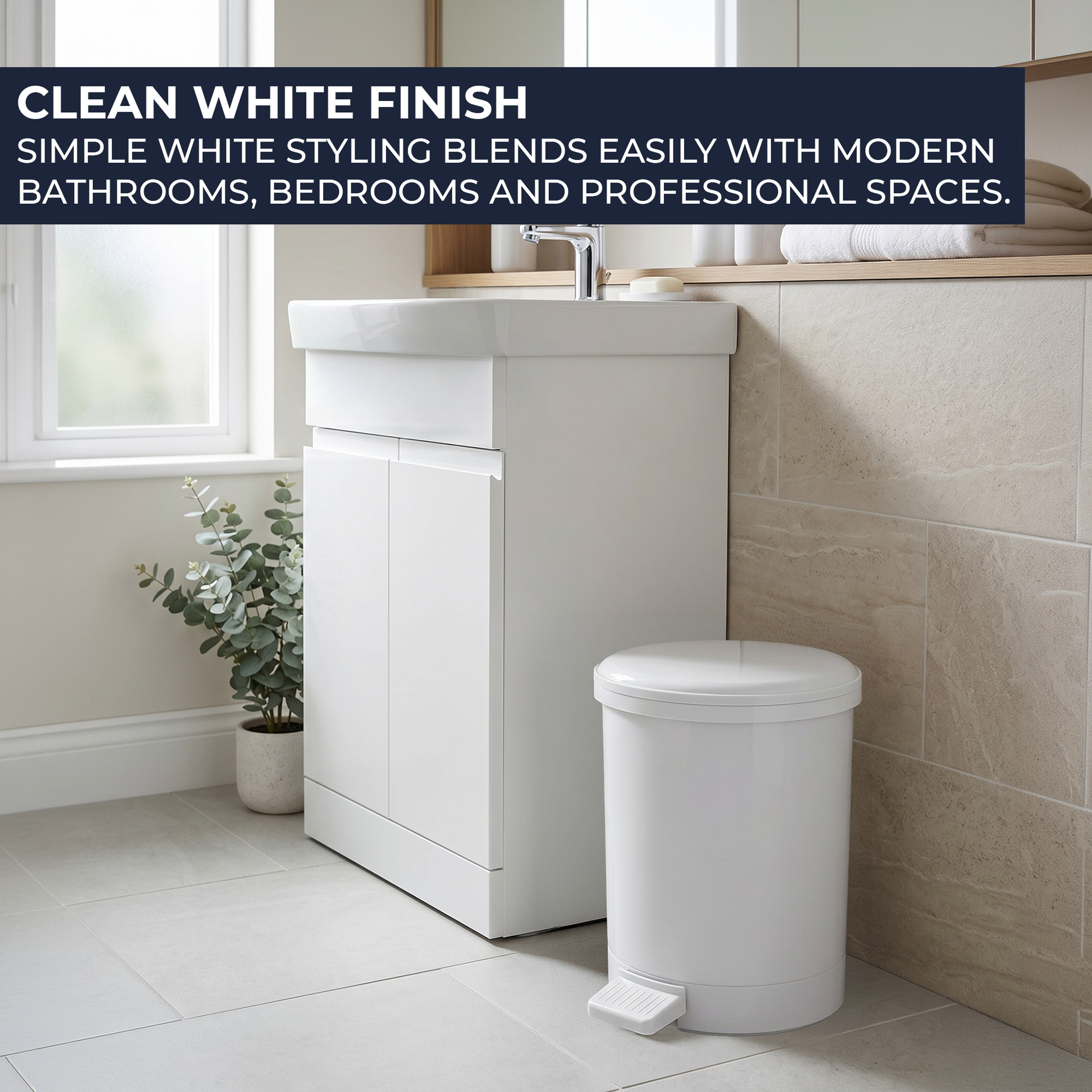 White plastic 20 litre pedal bins suitable for bathrooms, toilets, cloakrooms, offices and washrooms