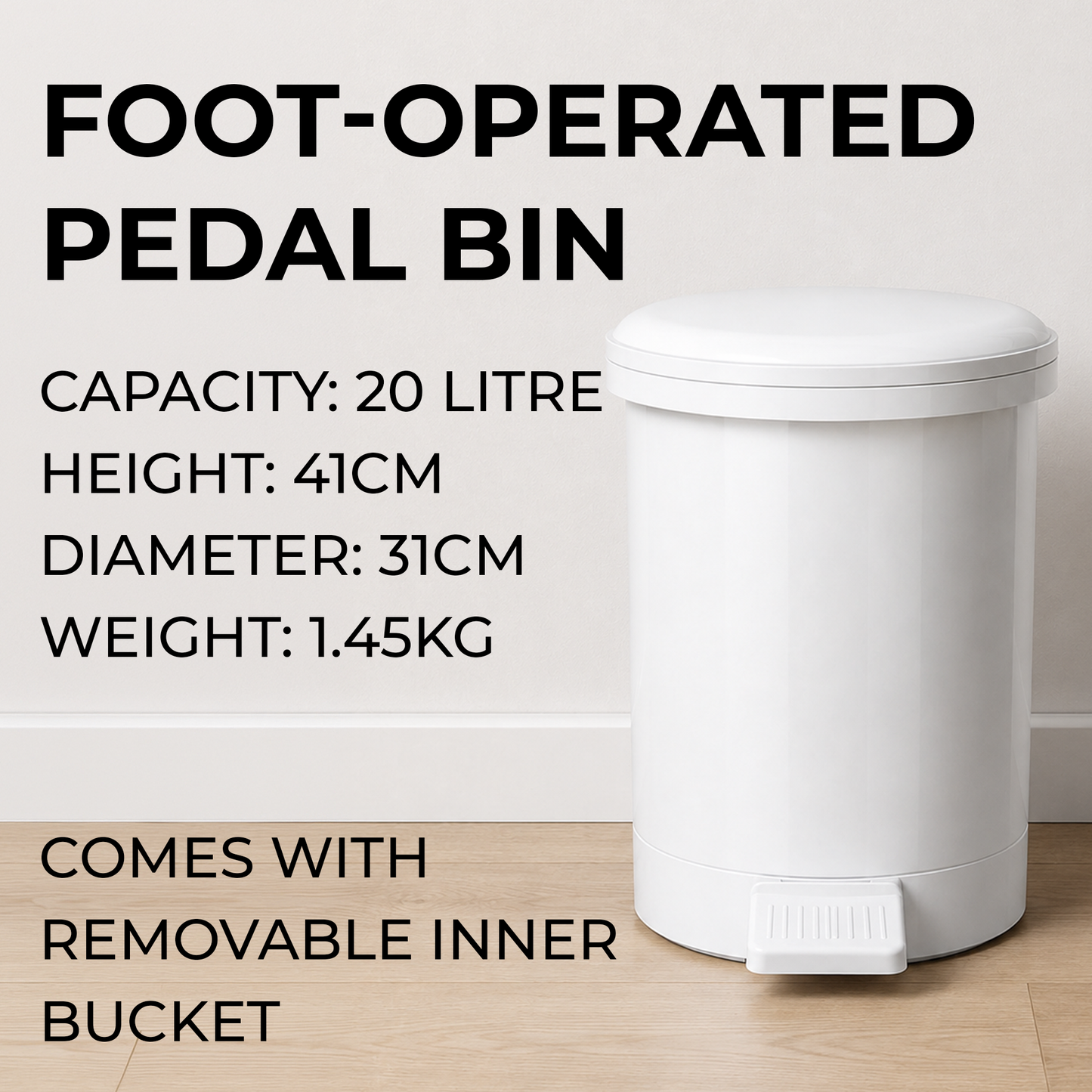 Hands-free 20L white pedal bin with step-on lid for hygienic bathroom and workplace waste disposal