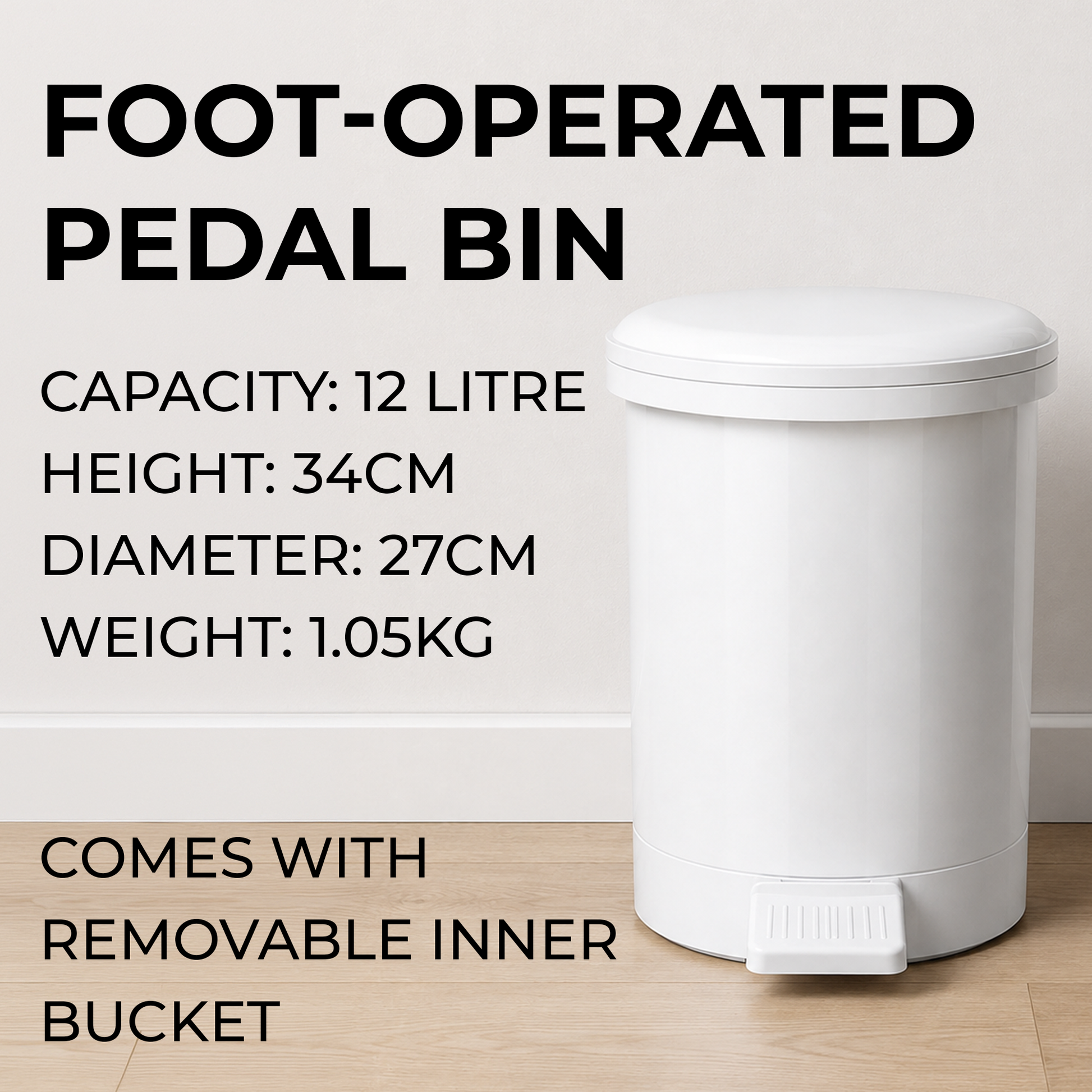 White bathroom waste bin with fitted lid to keep toilet, ensuite and office rubbish neatly covered