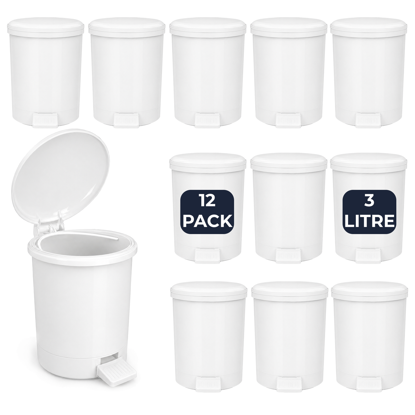 Chabrias 12 pack 3L white bathroom pedal bins with lids for commercial washrooms, offices, clinics and salons