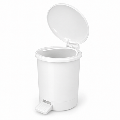 Compact round 12L white bathroom bin with foot pedal lid for family bathrooms and shared washrooms