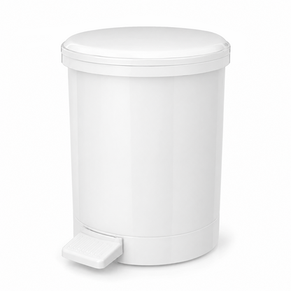 Bulk pack of twelve small white plastic pedal bins for toilets, ensuites, guest rooms and workplace washrooms