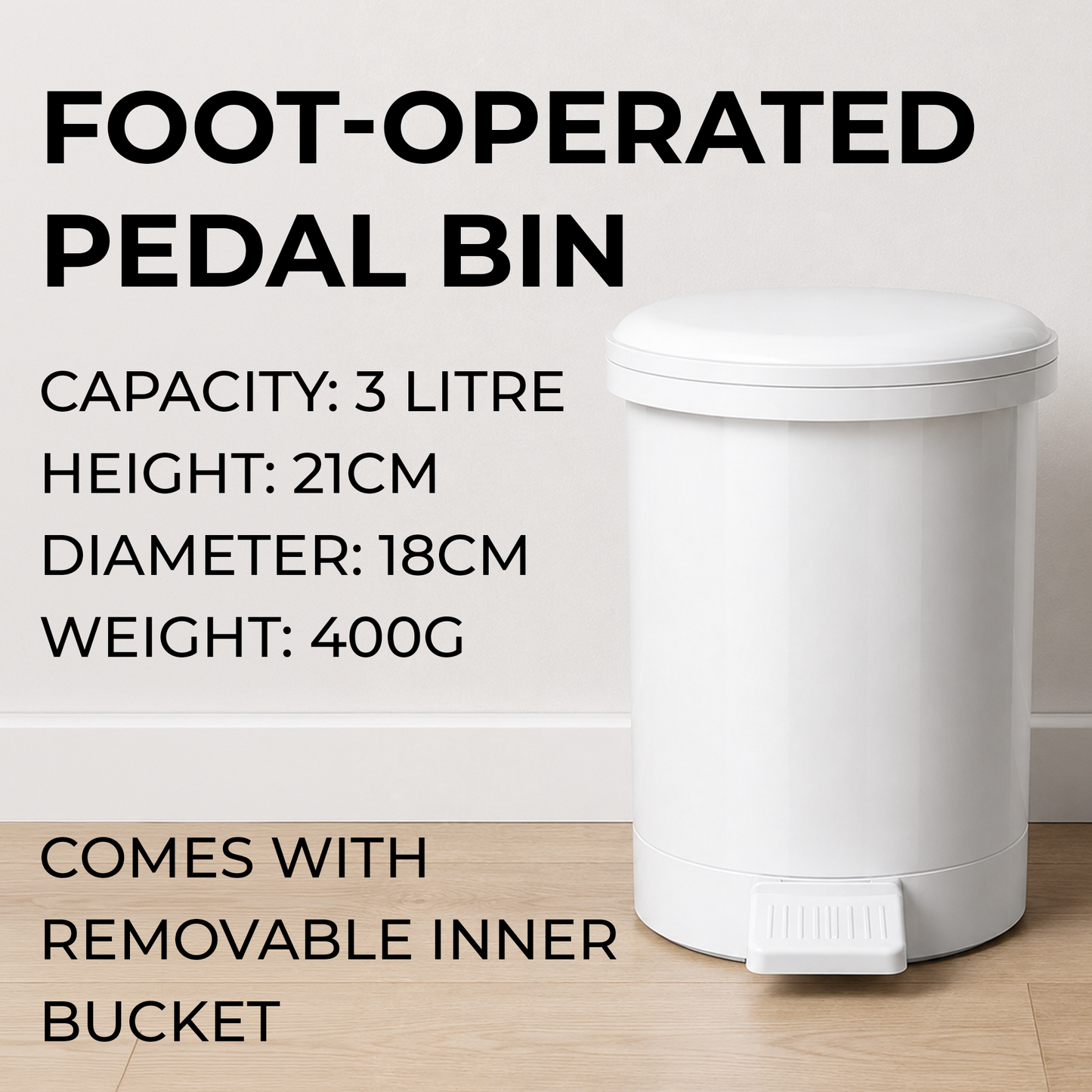 3L bathroom pedal bin with removable inner bucket and handle for easy emptying and cleaning