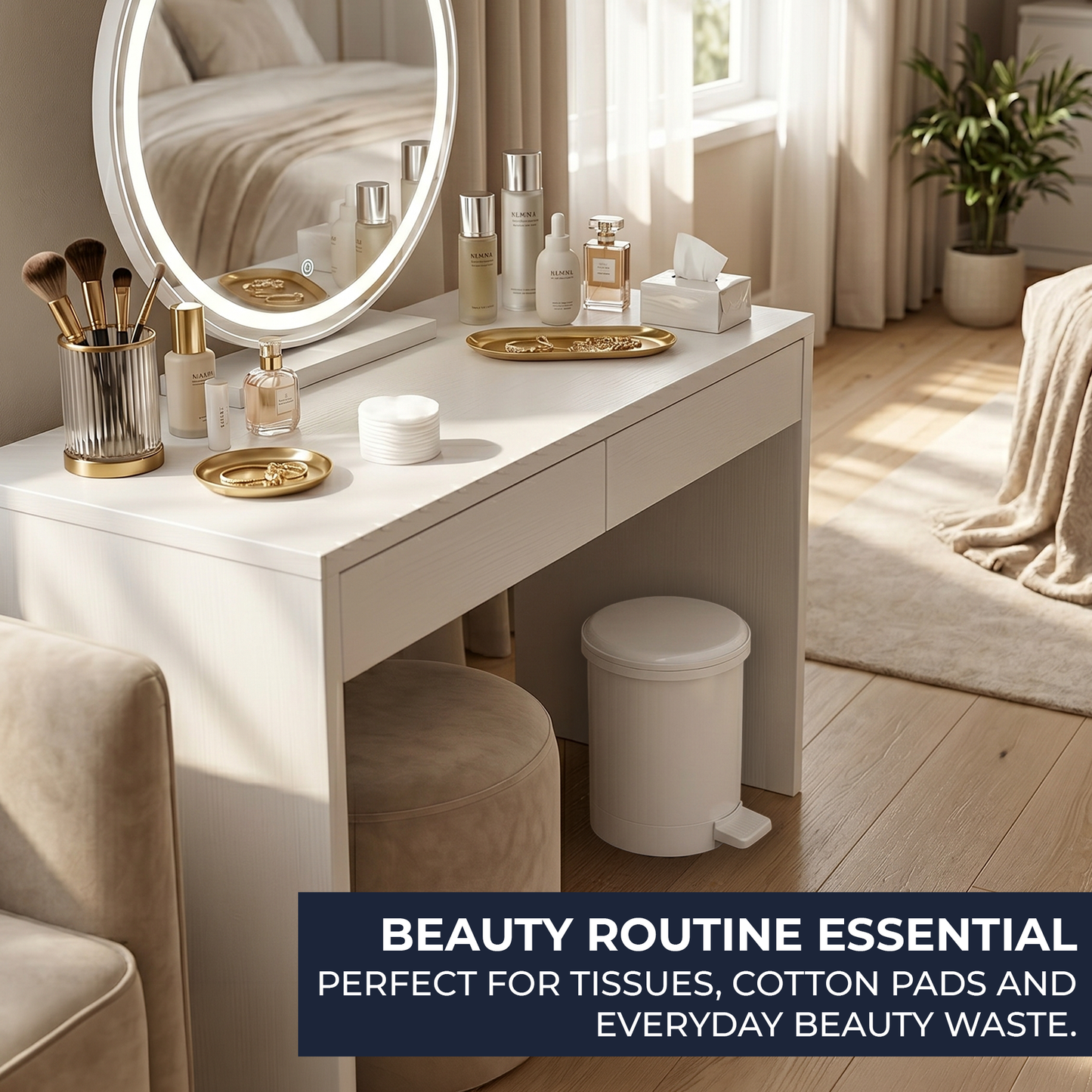 Compact white pedal bin placed beside a bathroom toilet, ideal for family bathrooms and larger ensuites