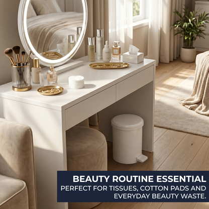 Compact white pedal bin placed beside a bathroom toilet, ideal for family bathrooms and larger ensuites