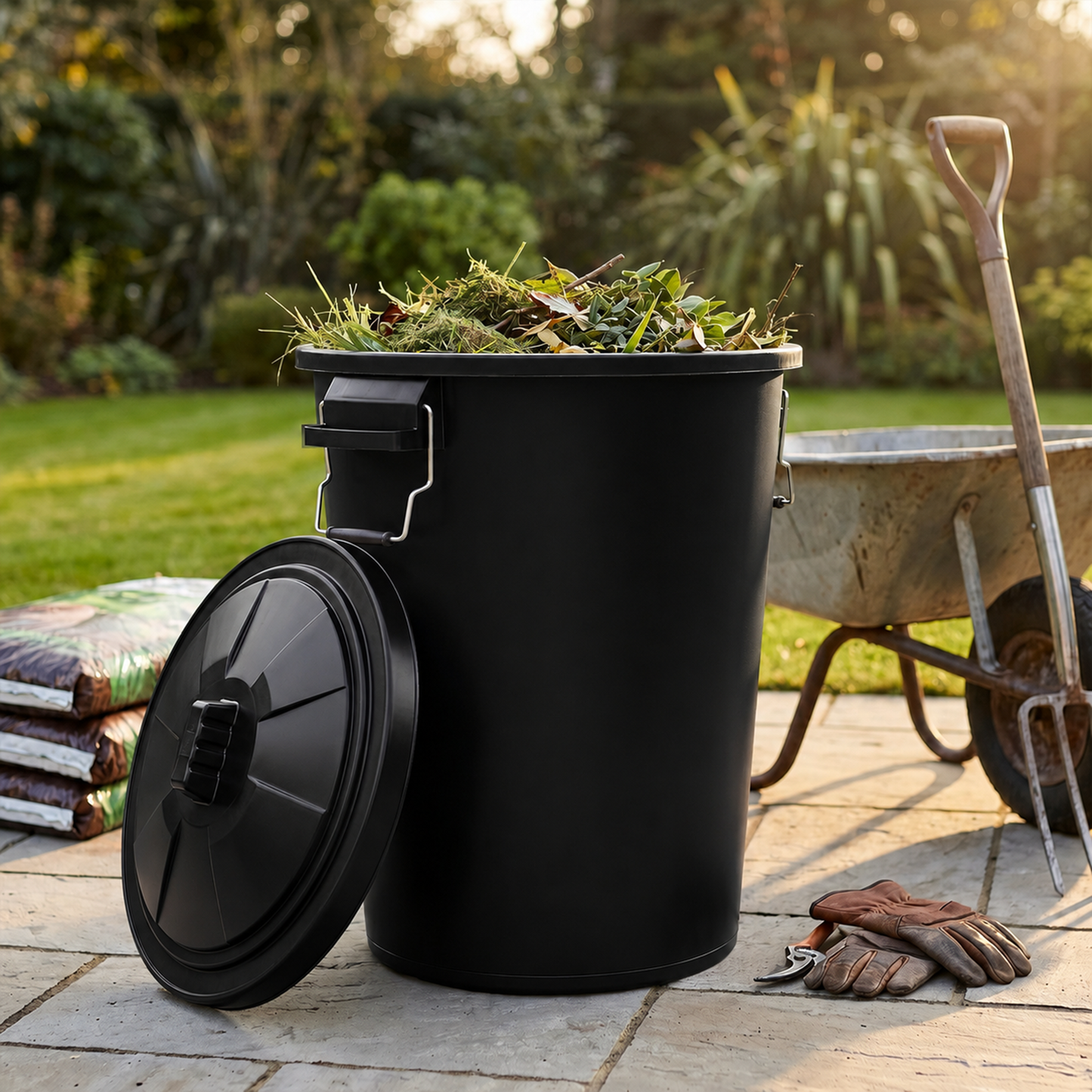 Black compost storage bin with locking lid for outdoor use