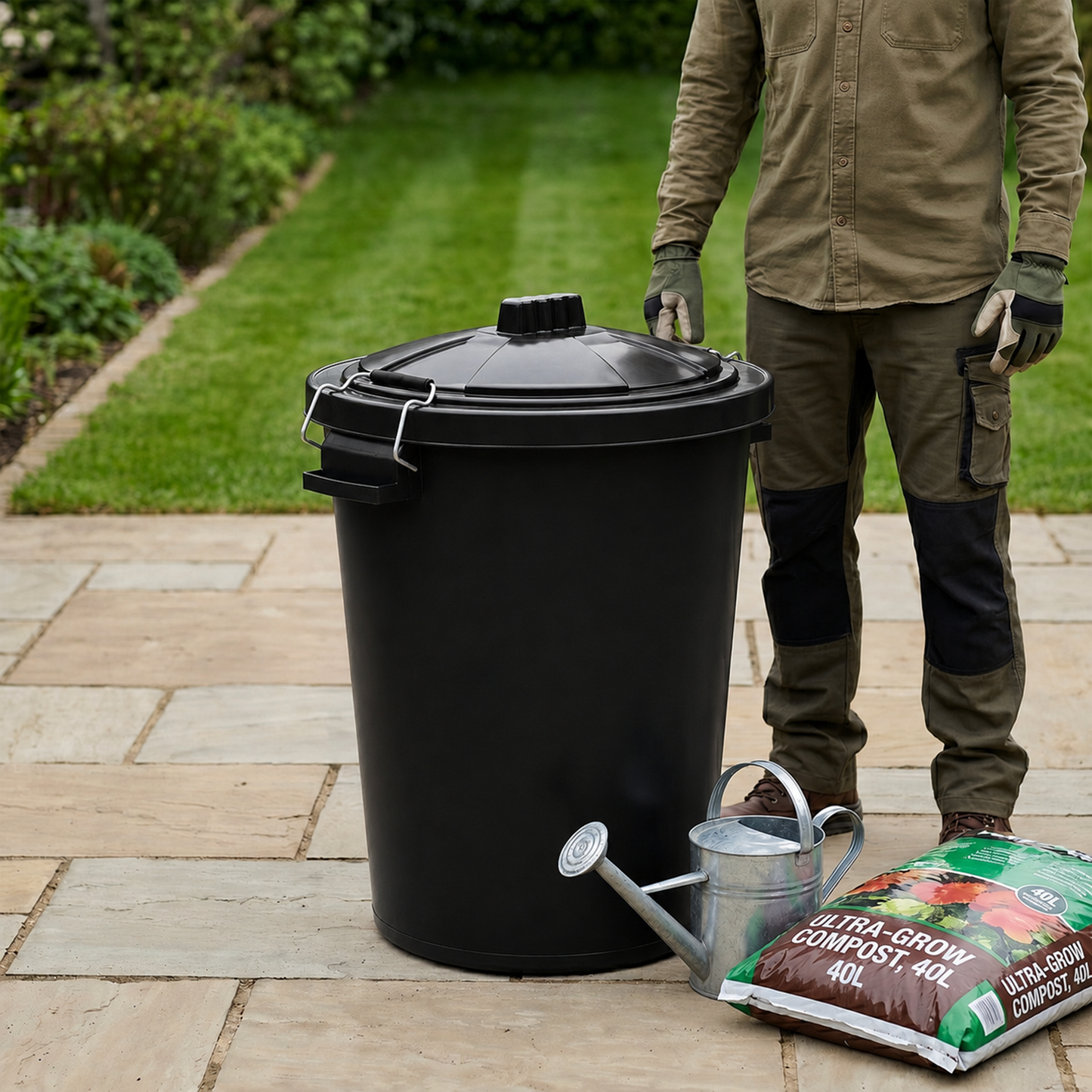 Large black plastic bin for bird seed and animal feed storage