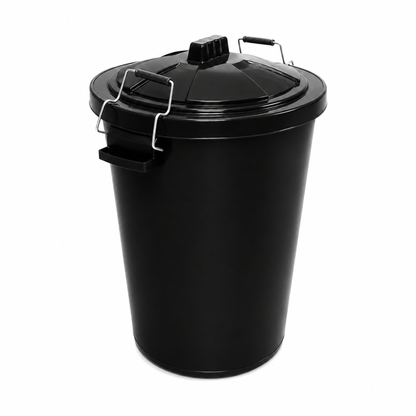 Heavy duty black plastic dustbin with secure clip locking lid