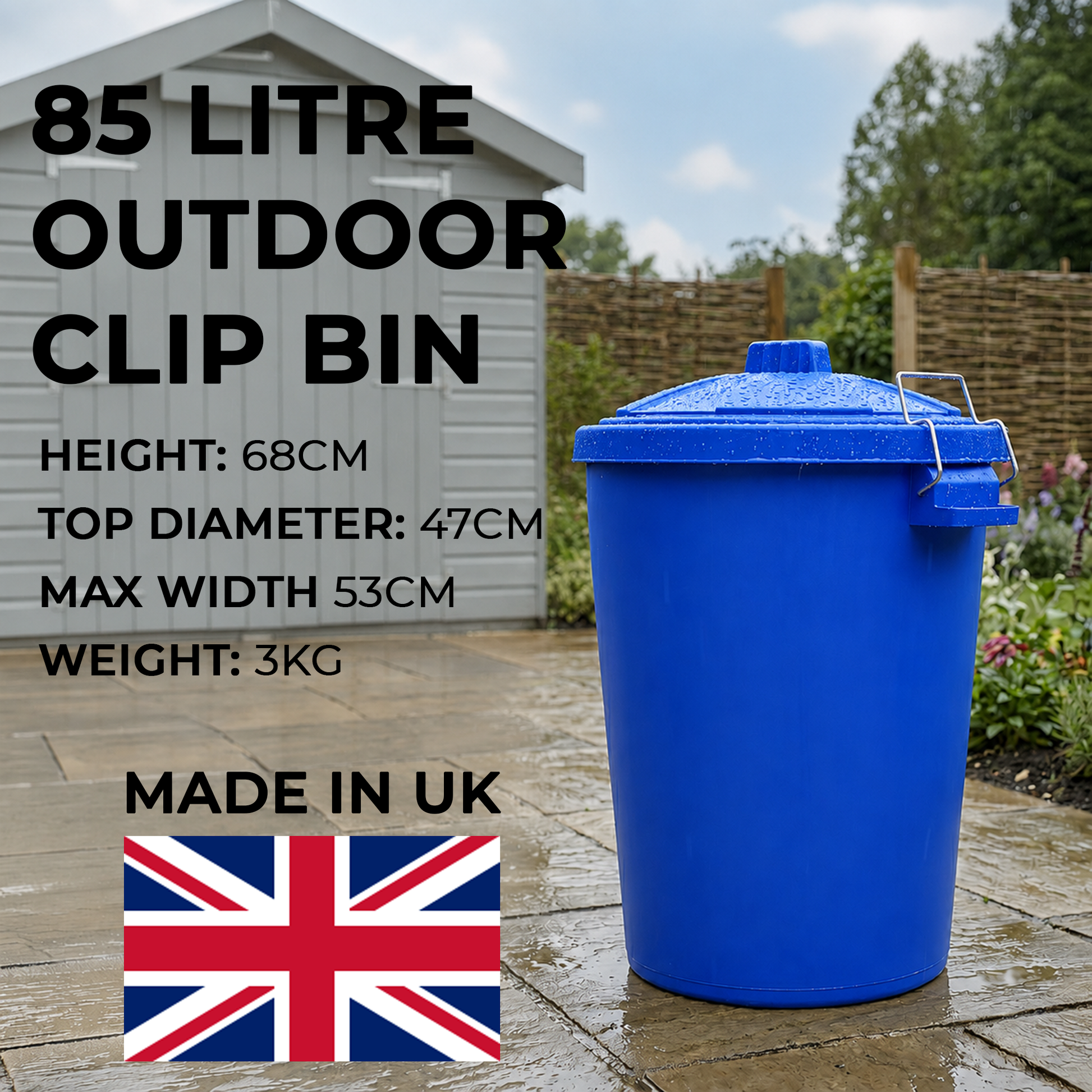 Blue compost storage bin with locking lid for outdoor use
