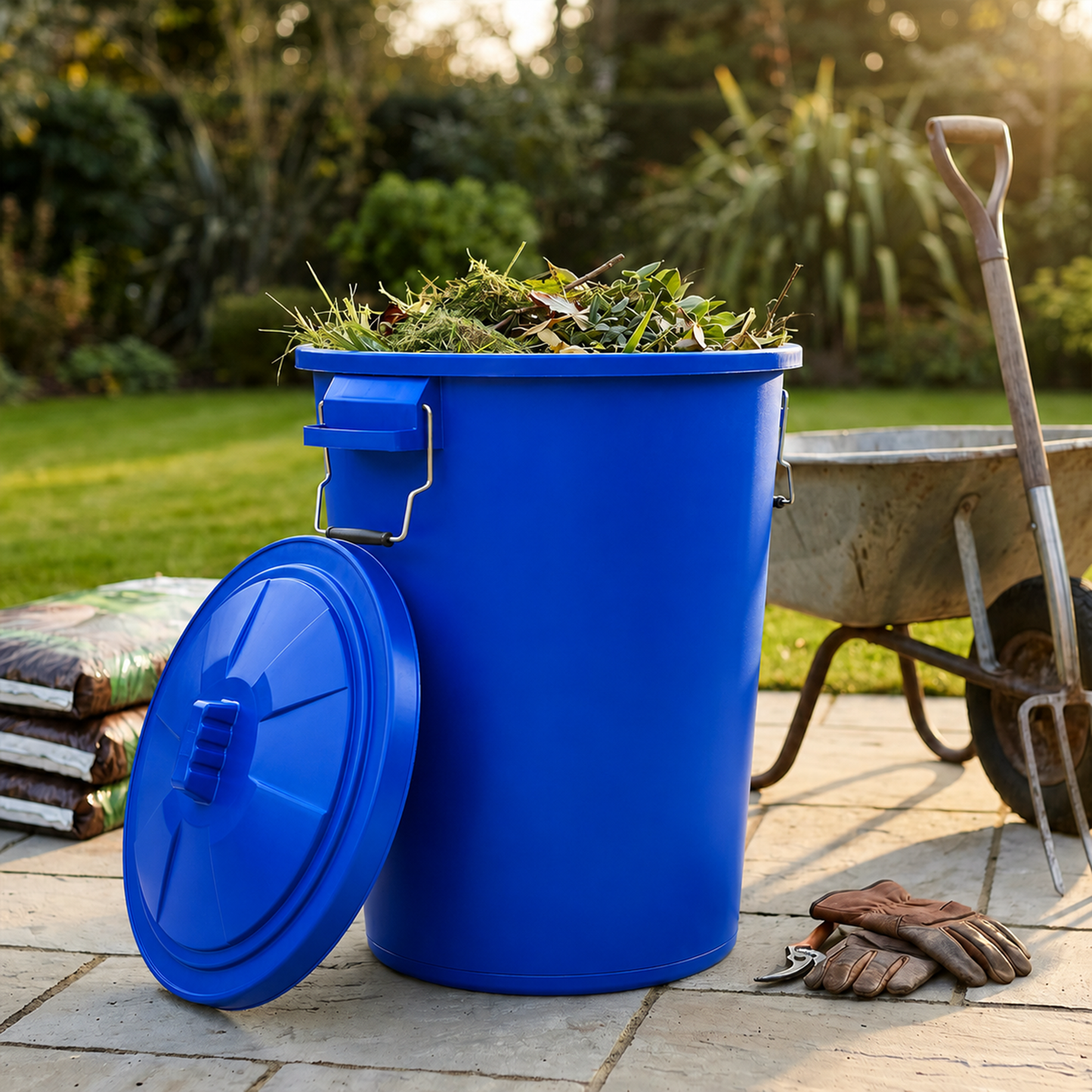 UK made blue garden bin with weather resistant construction