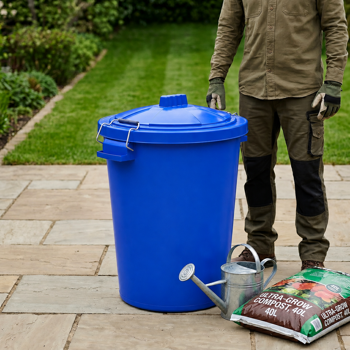 Large blue plastic bin for bird seed and animal feed storage