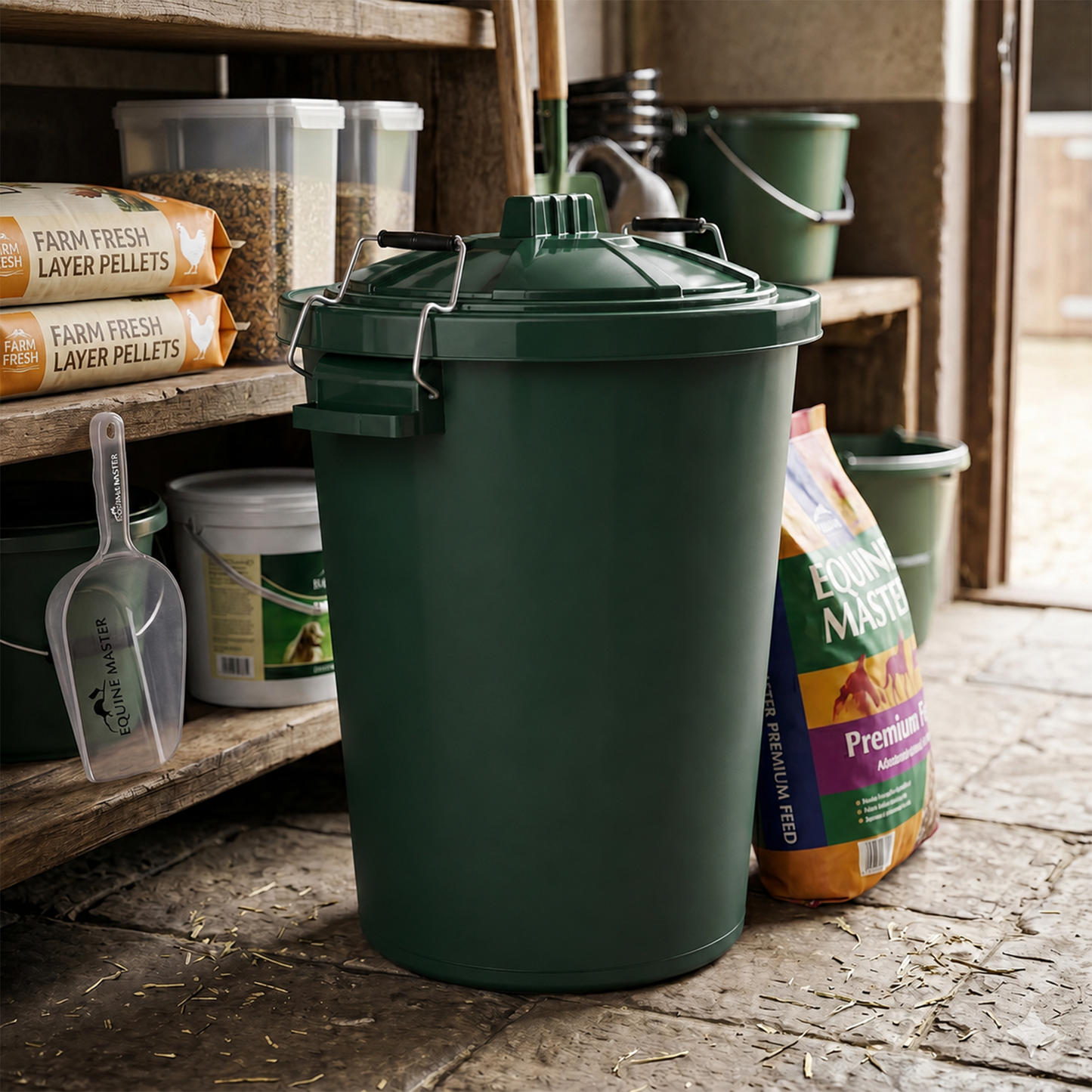 Large green plastic bin for bird seed and animal feed storage