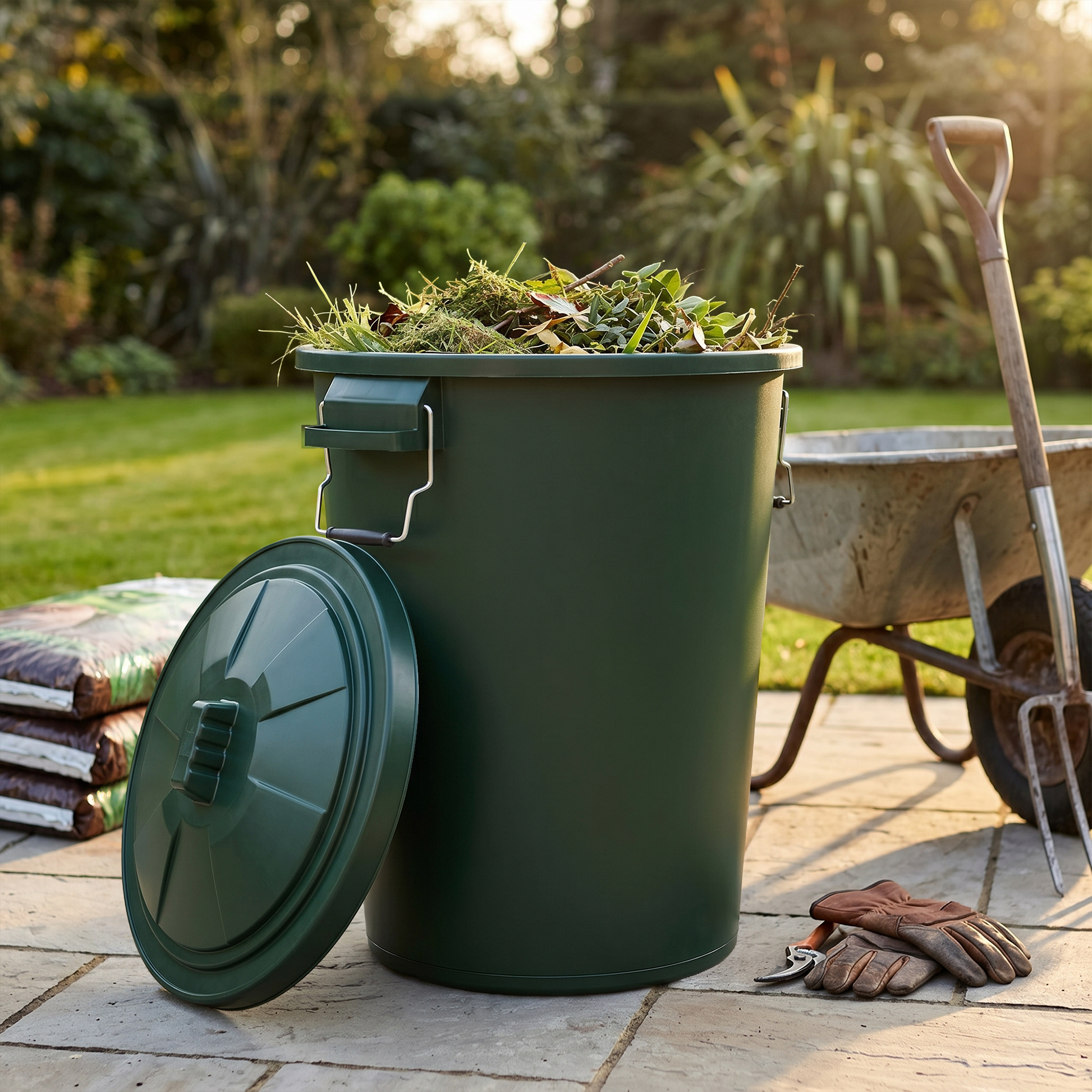 Green garden storage container with carry handles and lid
