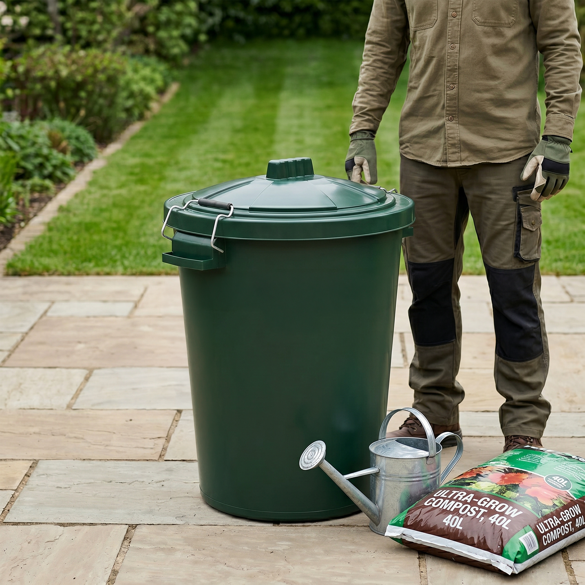 Lockable green outdoor dustbin for sheds garages and gardens