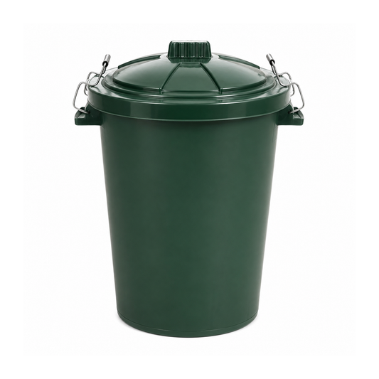 85 litre green outdoor storage bin with locking lid and carry handles for garden waste and animal feed storage