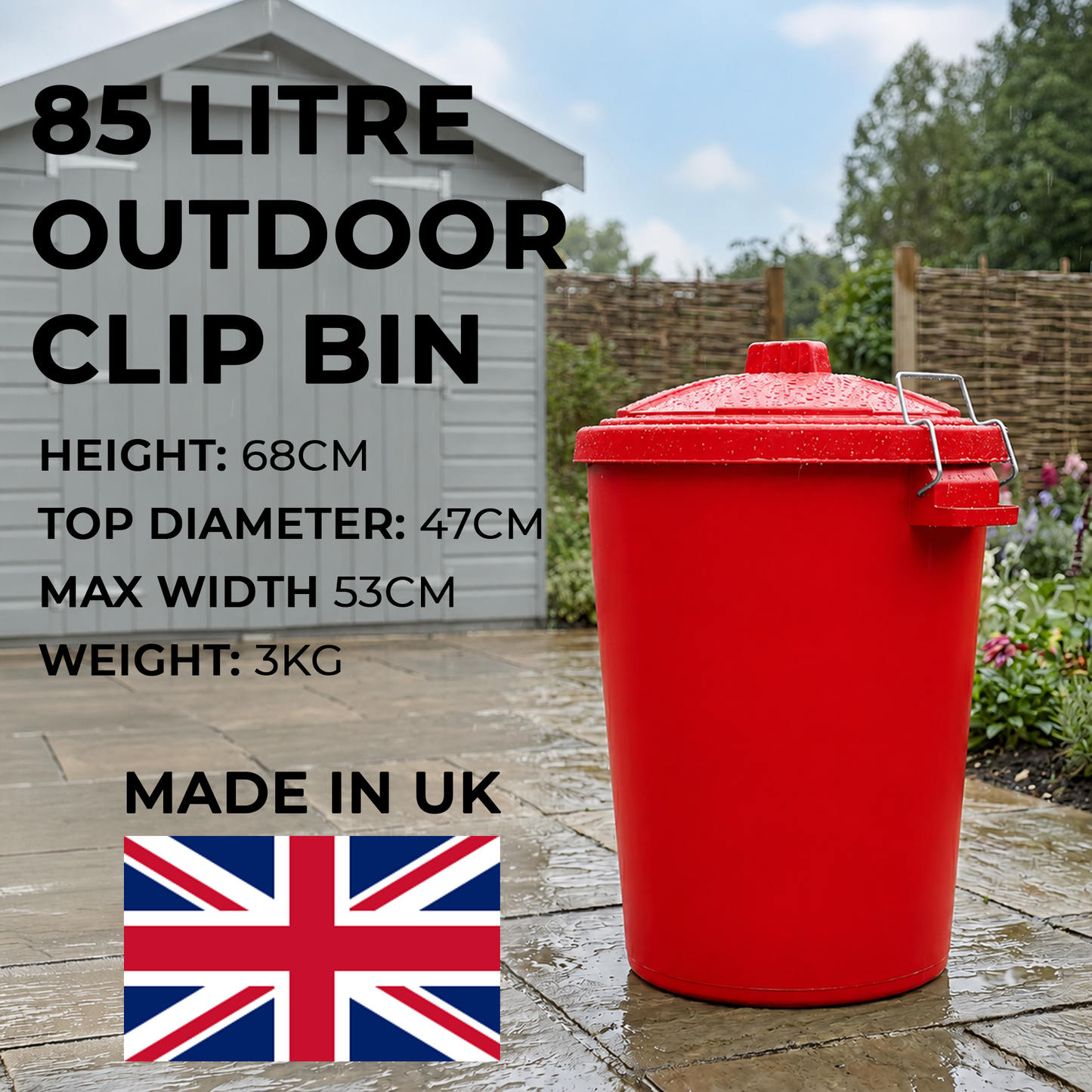 UK made red garden bin with weather resistant construction