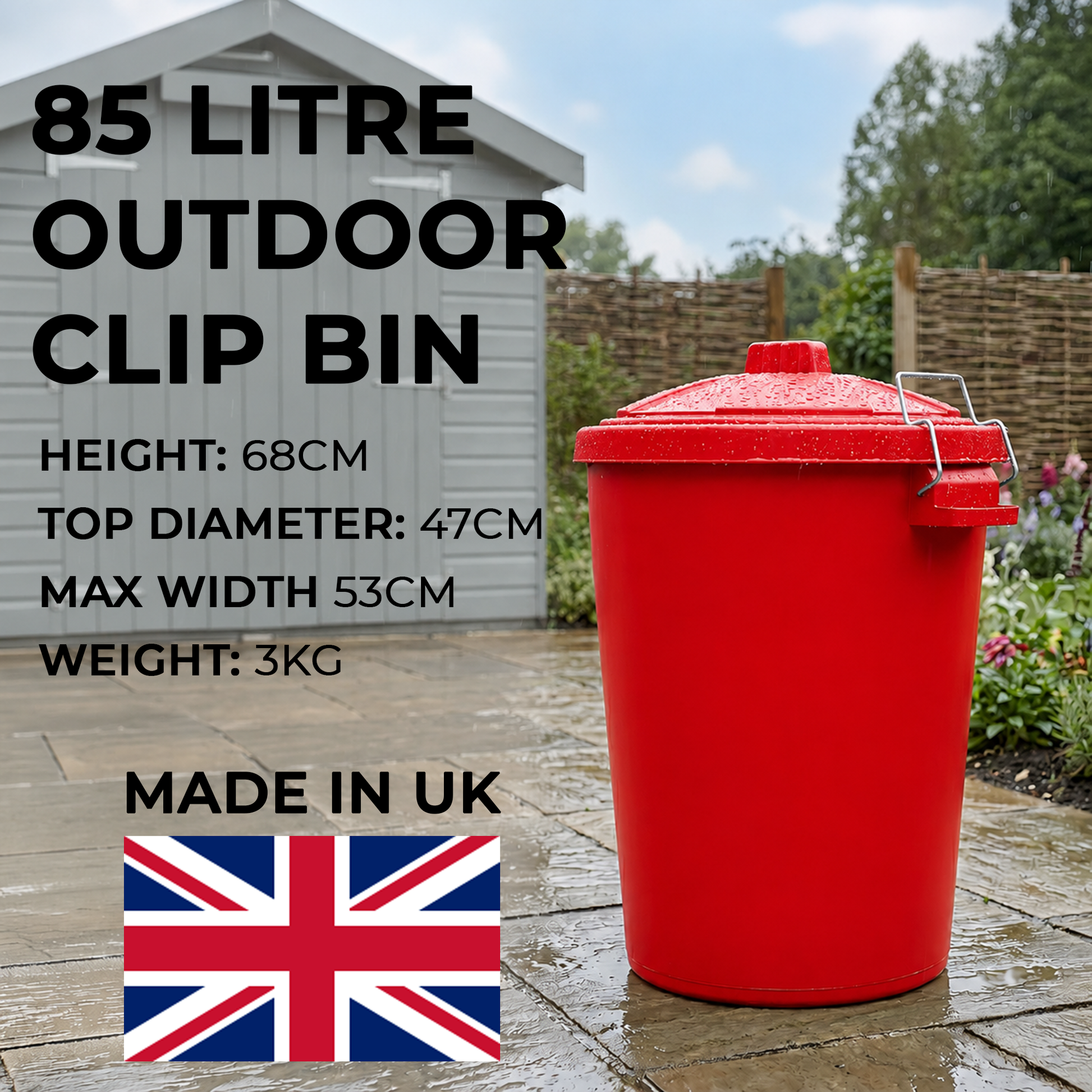 UK made red garden bin with weather resistant construction