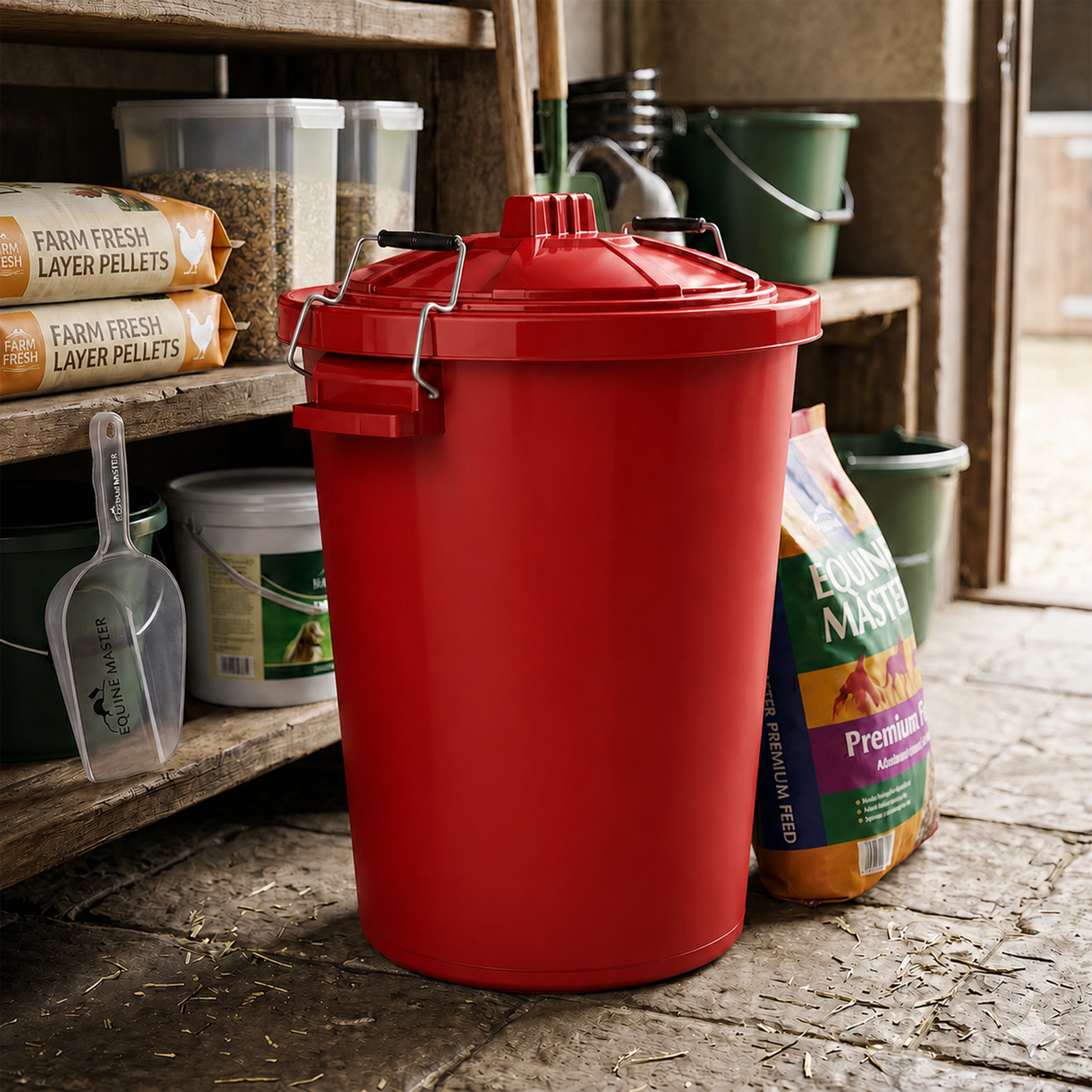 Large red plastic bin for bird seed and animal feed storage