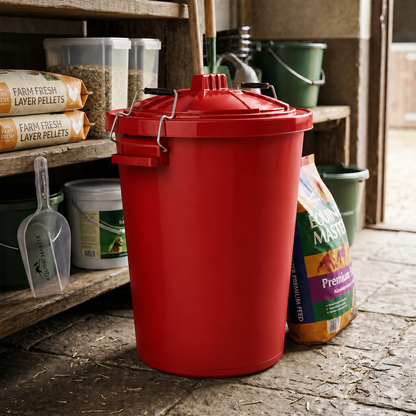 Large red plastic bin for bird seed and animal feed storage