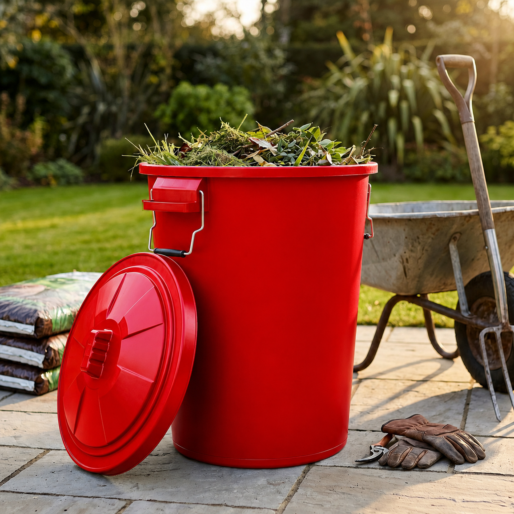 Red compost storage bin with locking lid for outdoor use