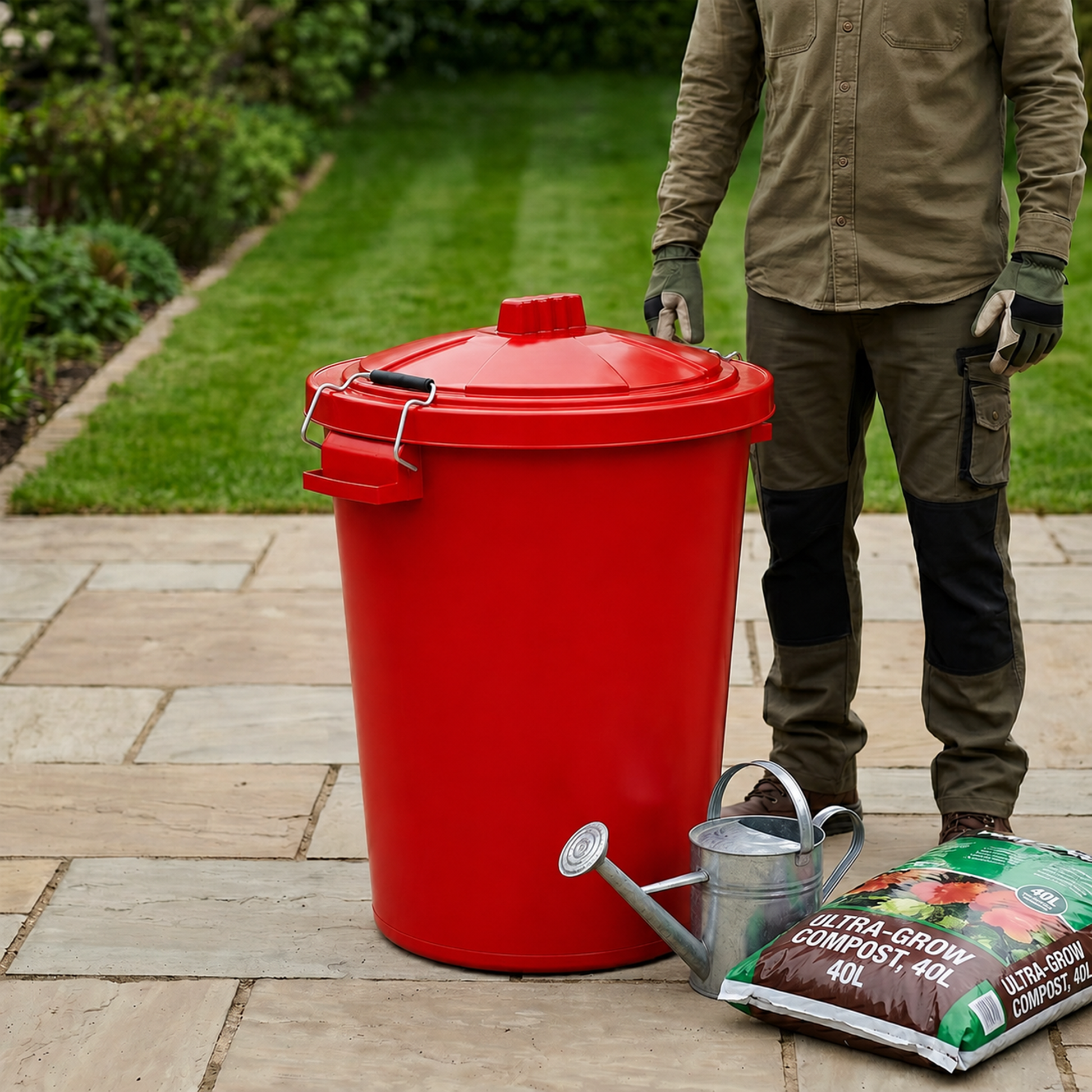 Red garden storage container with carry handles and lid