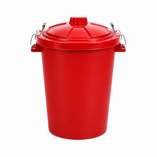 85 litre red outdoor storage bin with locking lid and carry handles for garden waste and animal feed storage