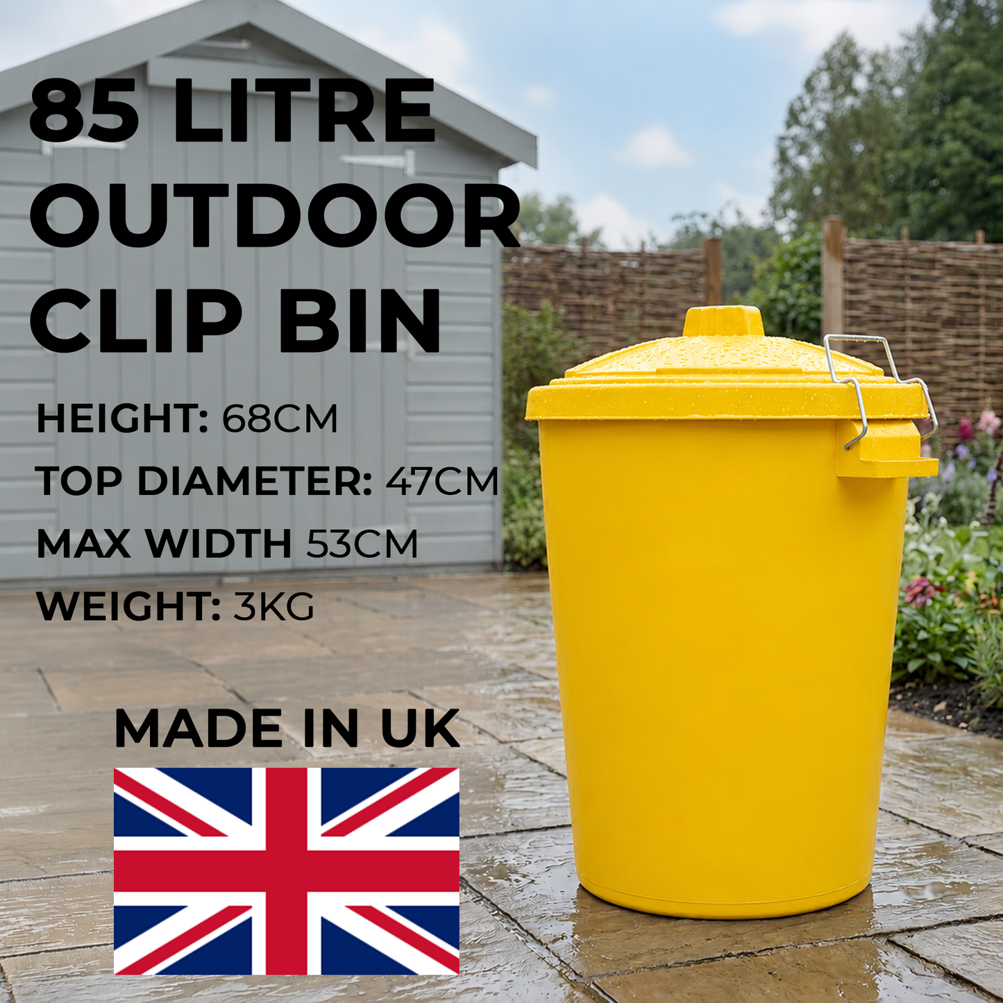 UK made yellow garden bin with weather resistant construction