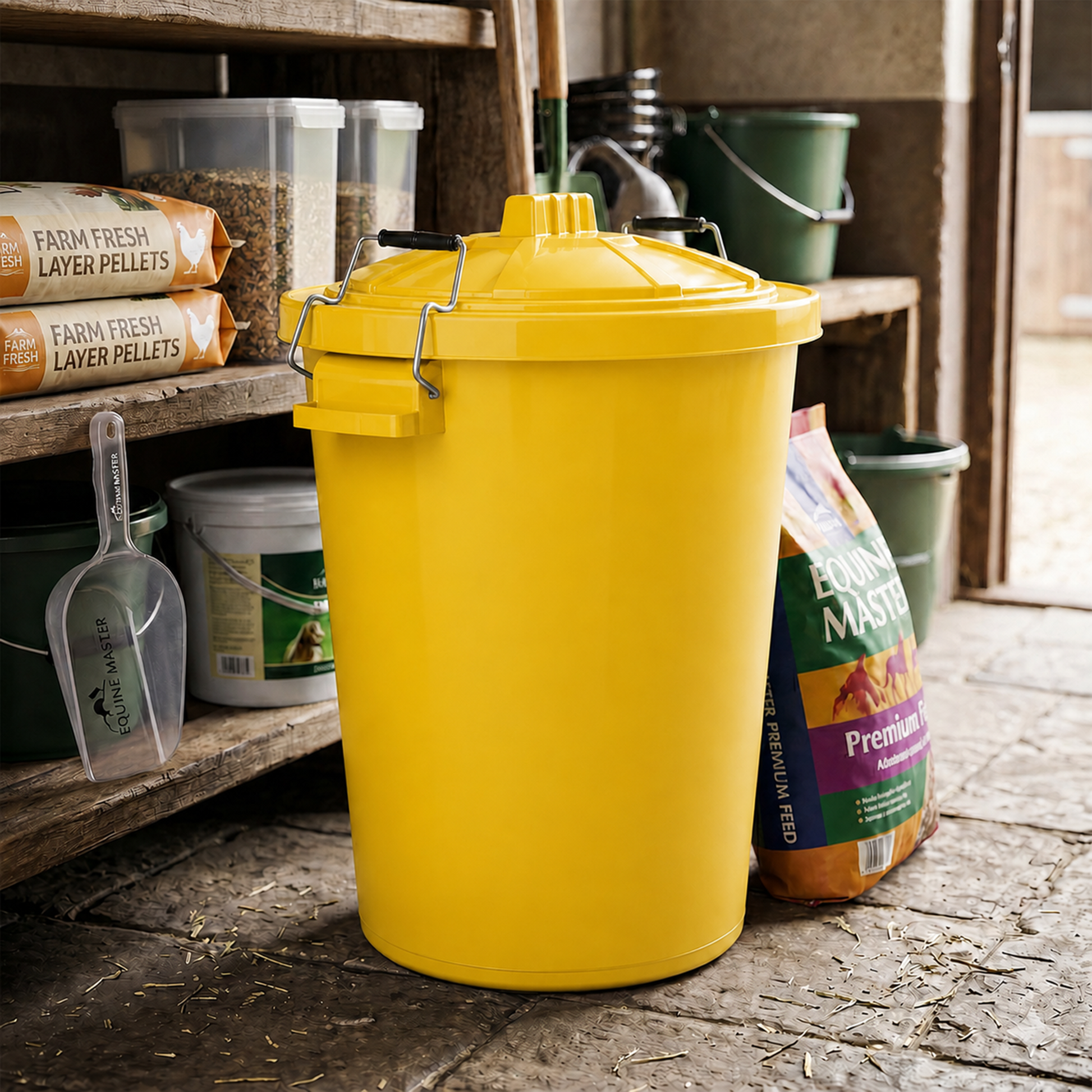 Yellow garden storage container with carry handles and lid